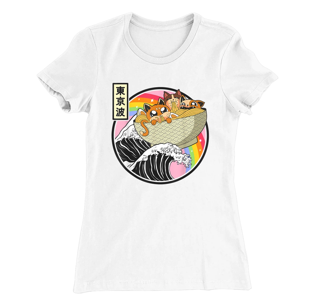 Womens Cute Cats Eating Ramen Kanagawa Wave Anime Vaporwave Kawaii T-Shirt, Kid T-Shirt and Women T-Shirt