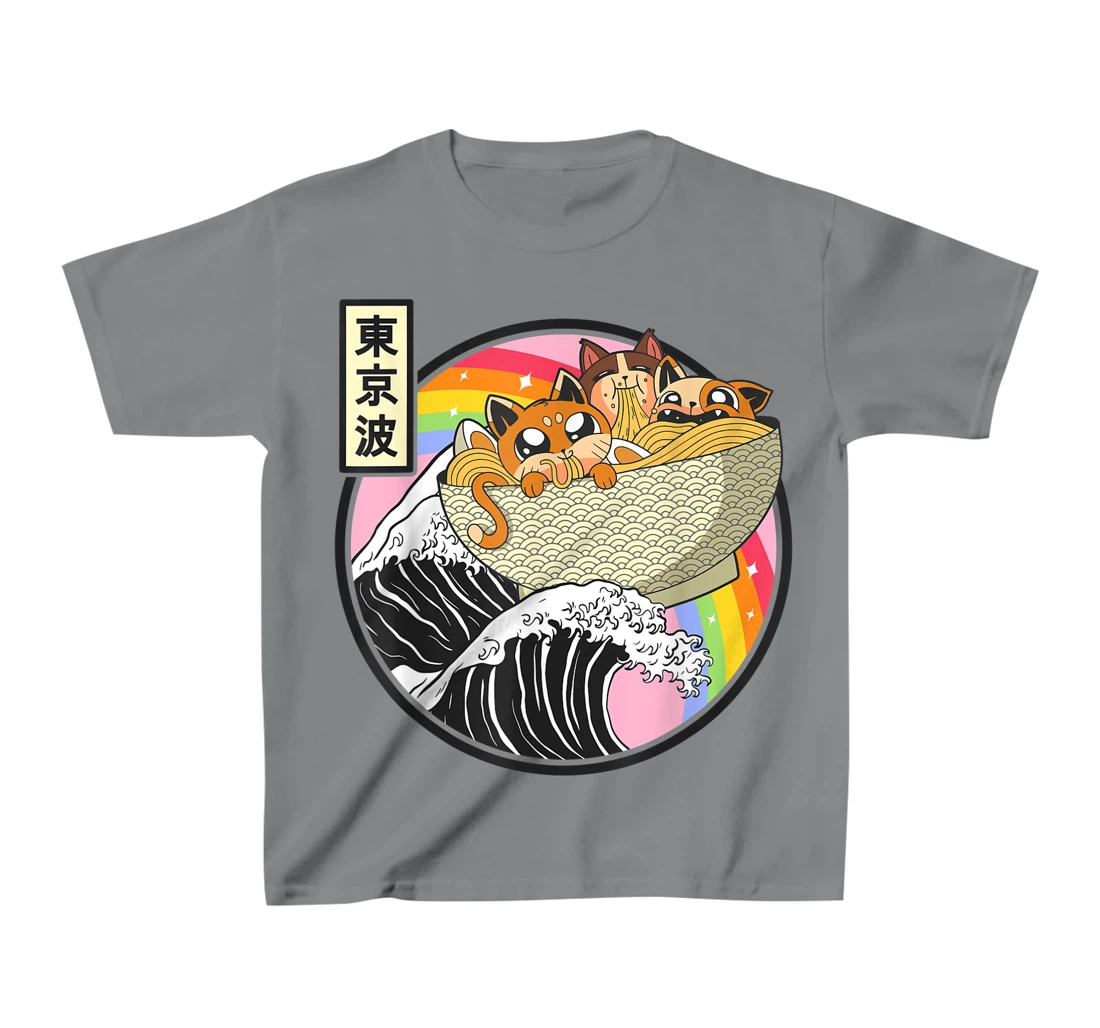 Womens Cute Cats Eating Ramen Kanagawa Wave Anime Vaporwave Kawaii T-Shirt, Kid T-Shirt and Women T-Shirt