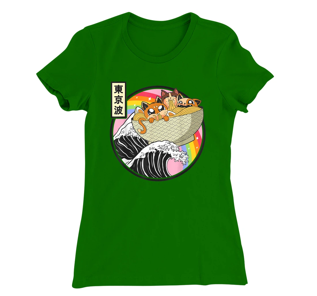 Womens Cute Cats Eating Ramen Kanagawa Wave Anime Vaporwave Kawaii T-Shirt, Kid T-Shirt and Women T-Shirt
