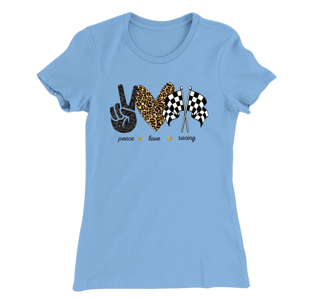 Womens Peace Love Racing Leopard Racing Lovers T-Shirt, Women T-Shirt