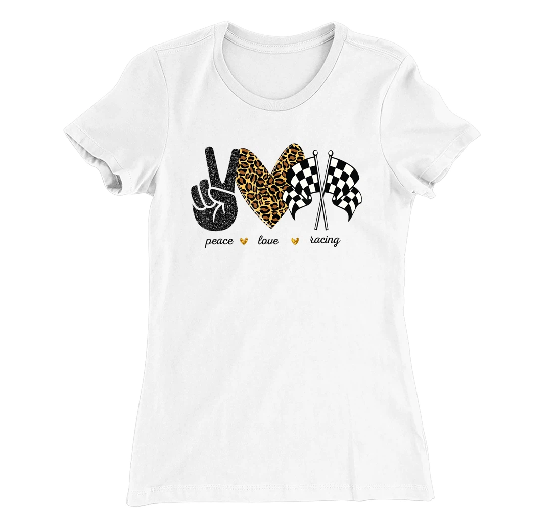 Womens Peace Love Racing Leopard Racing Lovers T-Shirt, Women T-Shirt