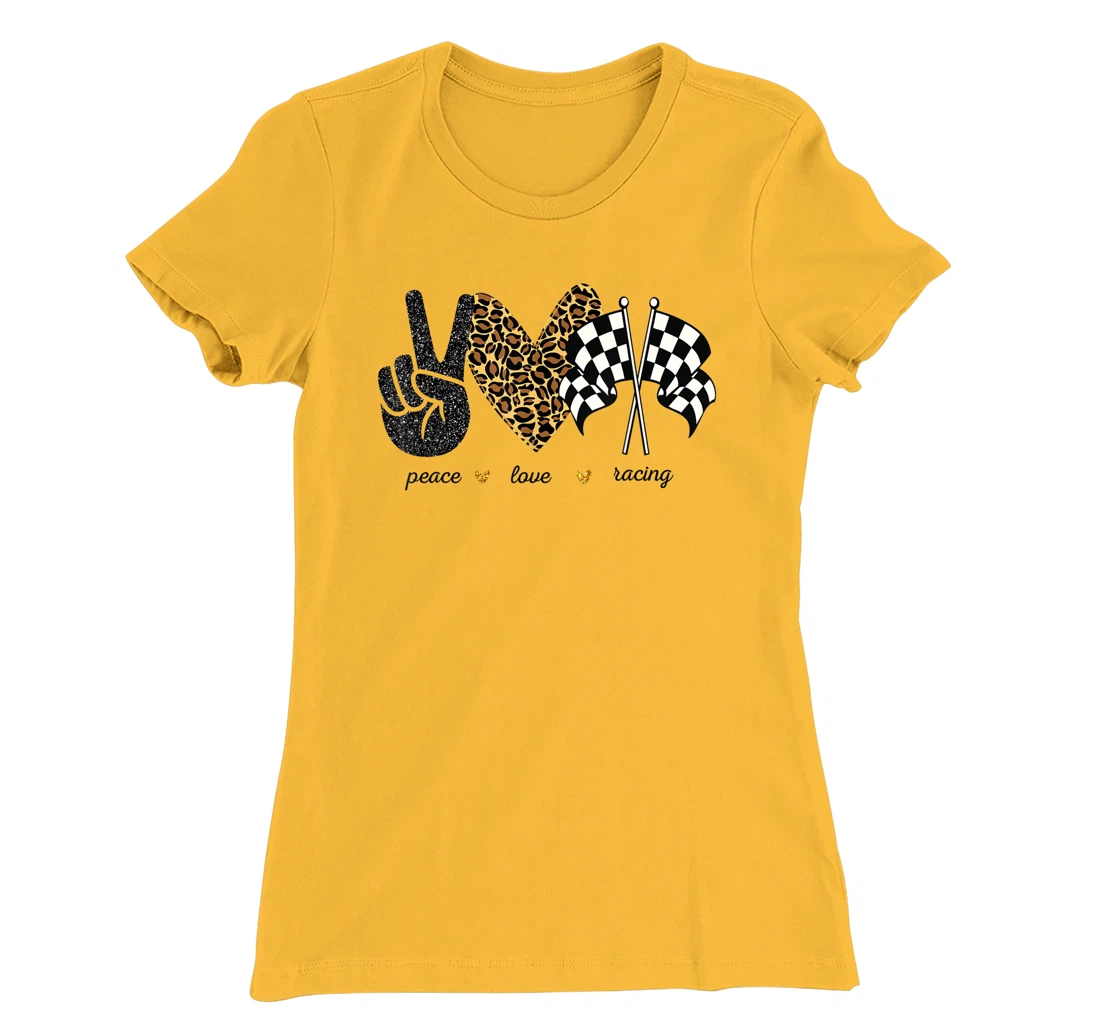 Womens Peace Love Racing Leopard Racing Lovers T-Shirt, Women T-Shirt
