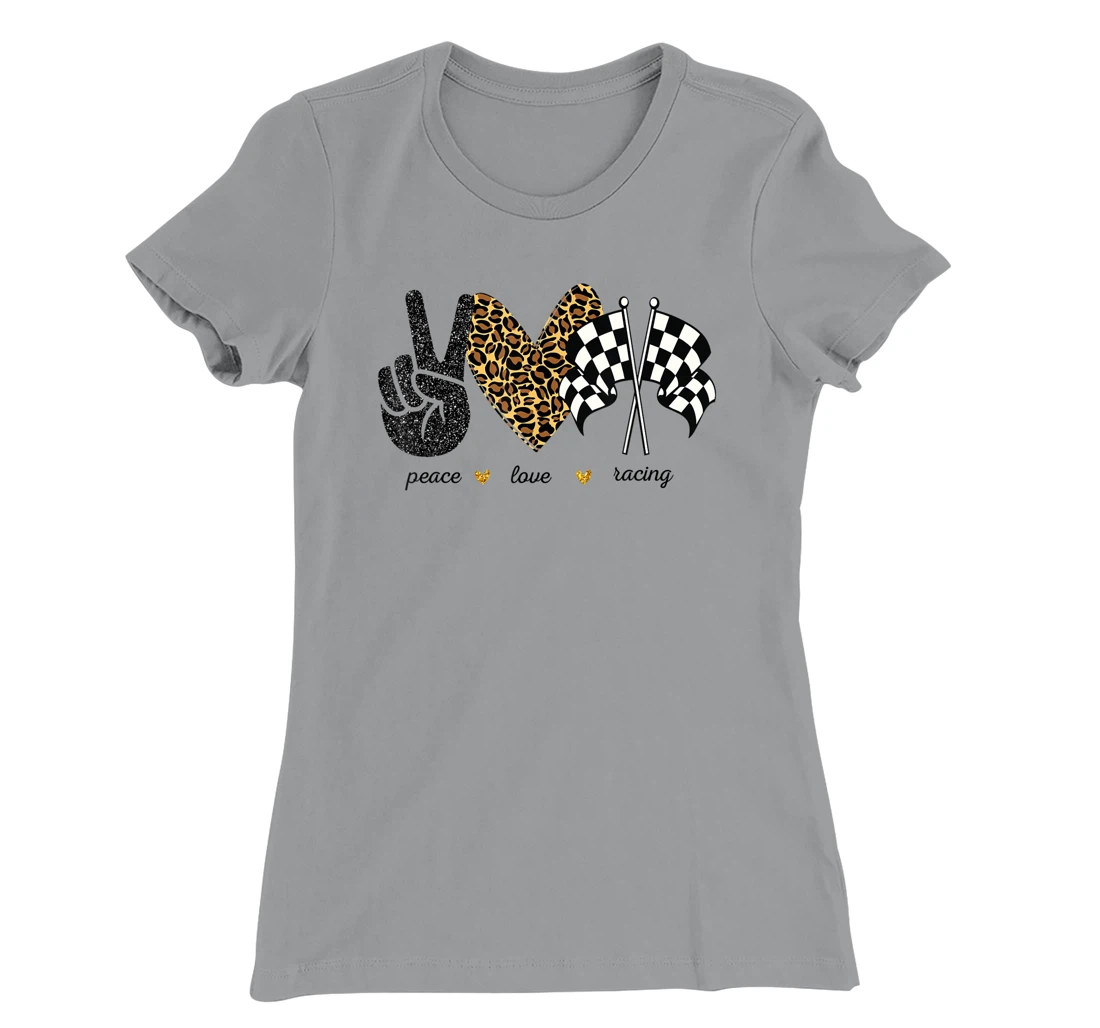 Womens Peace Love Racing Leopard Racing Lovers T-Shirt, Women T-Shirt