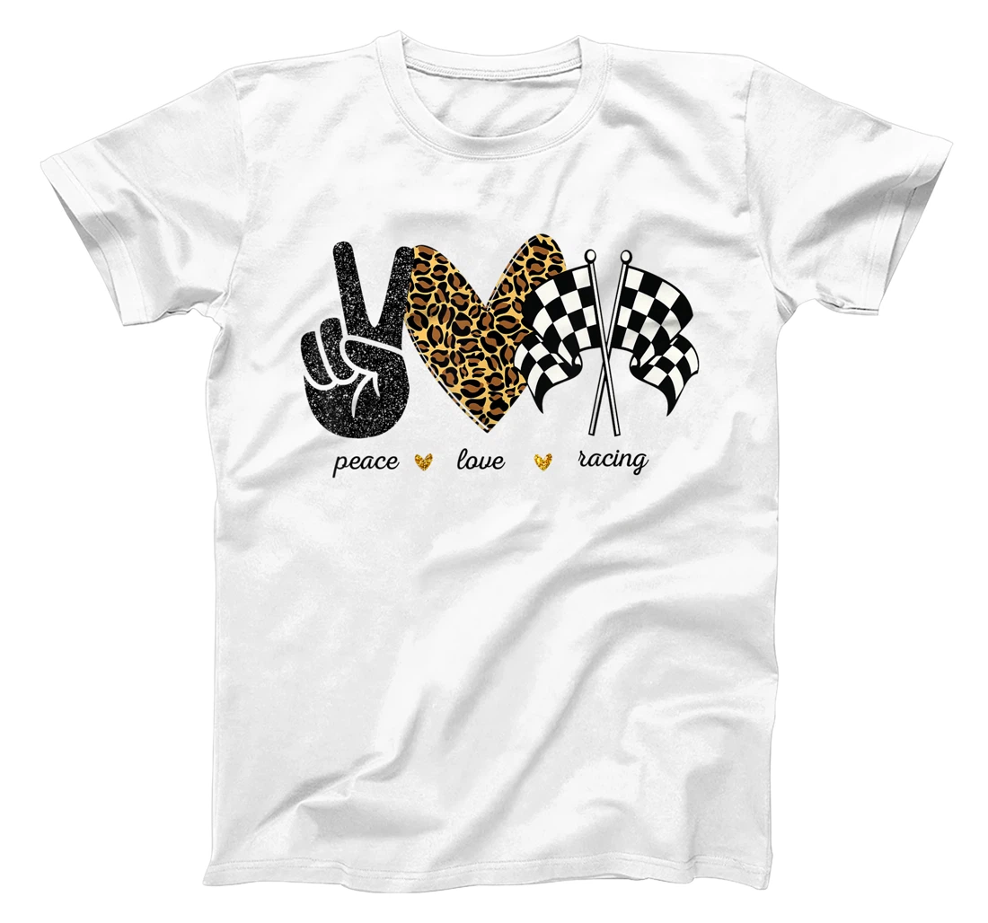 Womens Peace Love Racing Leopard Racing Lovers T-Shirt, Women T-Shirt