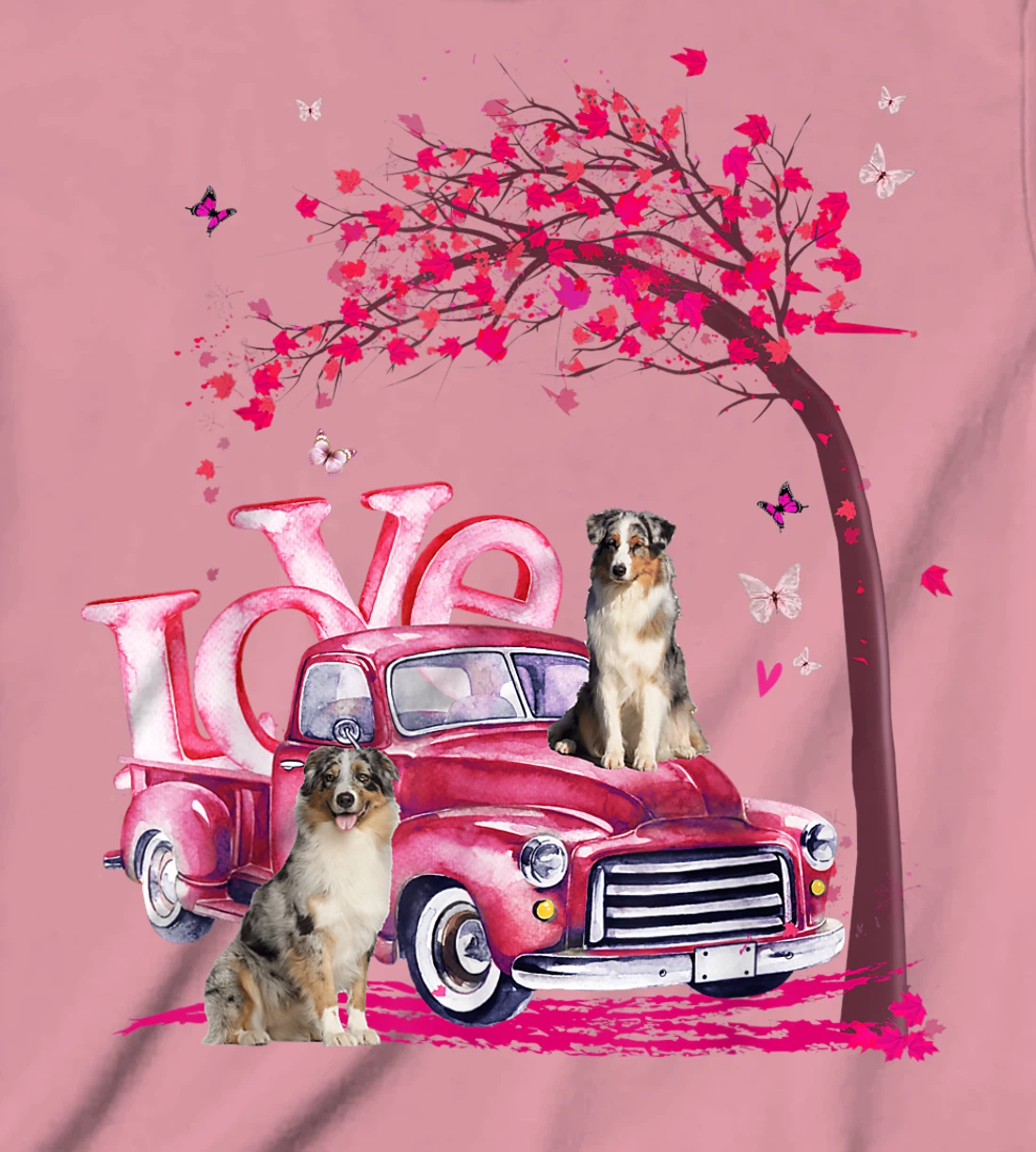 Womens Valentines Day LOVE Pickup Truck Australian Shepherd T-Shirt, Kid T-Shirt and Women T-Shirt