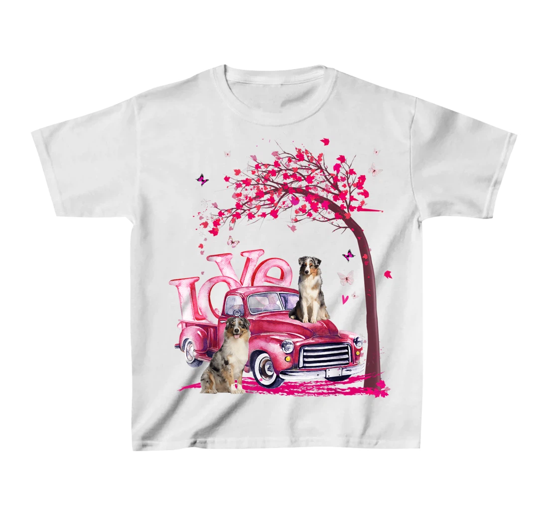 Womens Valentines Day LOVE Pickup Truck Australian Shepherd T-Shirt, Kid T-Shirt and Women T-Shirt