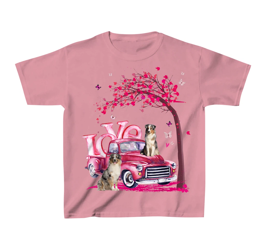 Womens Valentines Day LOVE Pickup Truck Australian Shepherd T-Shirt, Kid T-Shirt and Women T-Shirt