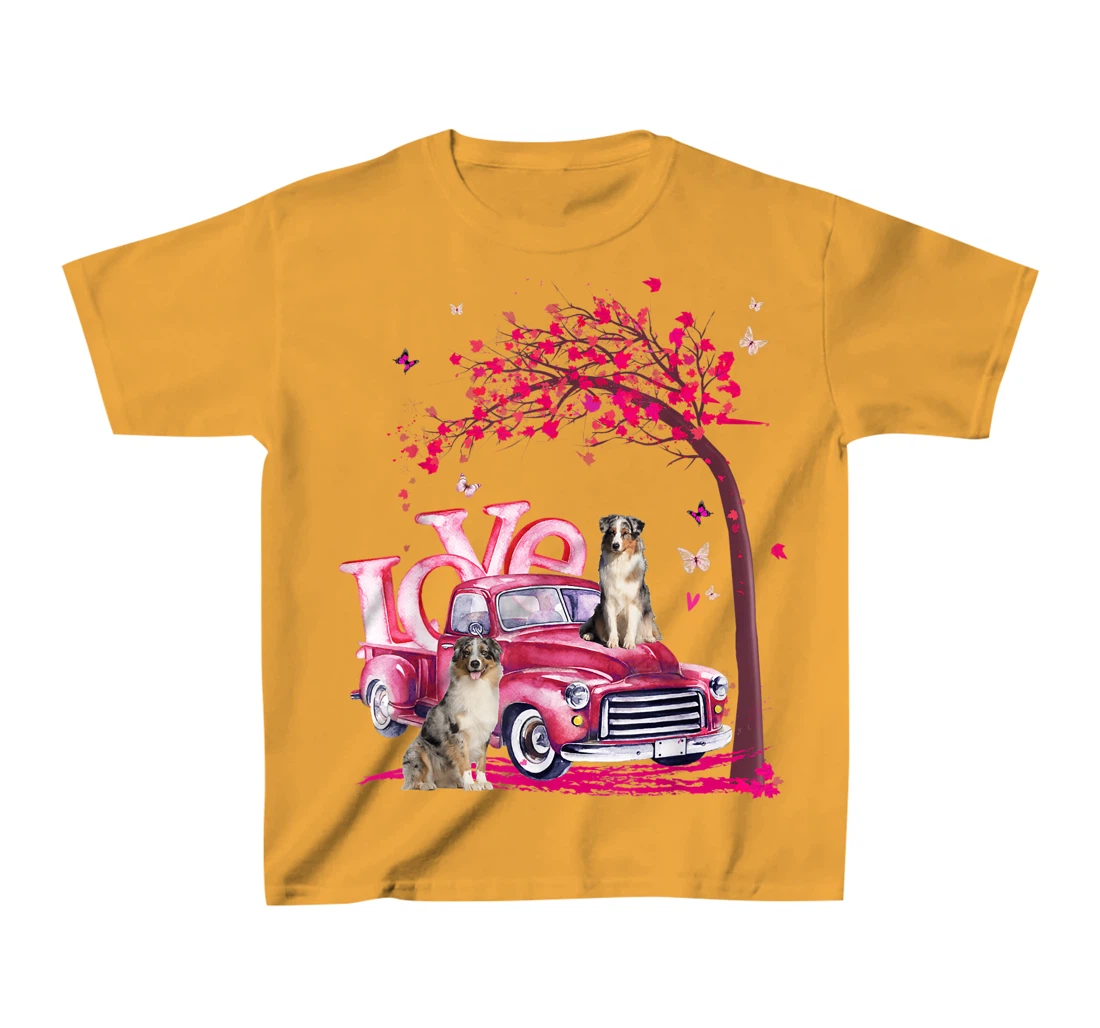 Womens Valentines Day LOVE Pickup Truck Australian Shepherd T-Shirt, Kid T-Shirt and Women T-Shirt