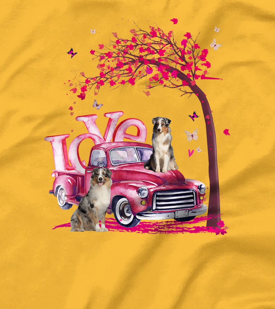 Womens Valentines Day LOVE Pickup Truck Australian Shepherd T-Shirt, Kid T-Shirt and Women T-Shirt