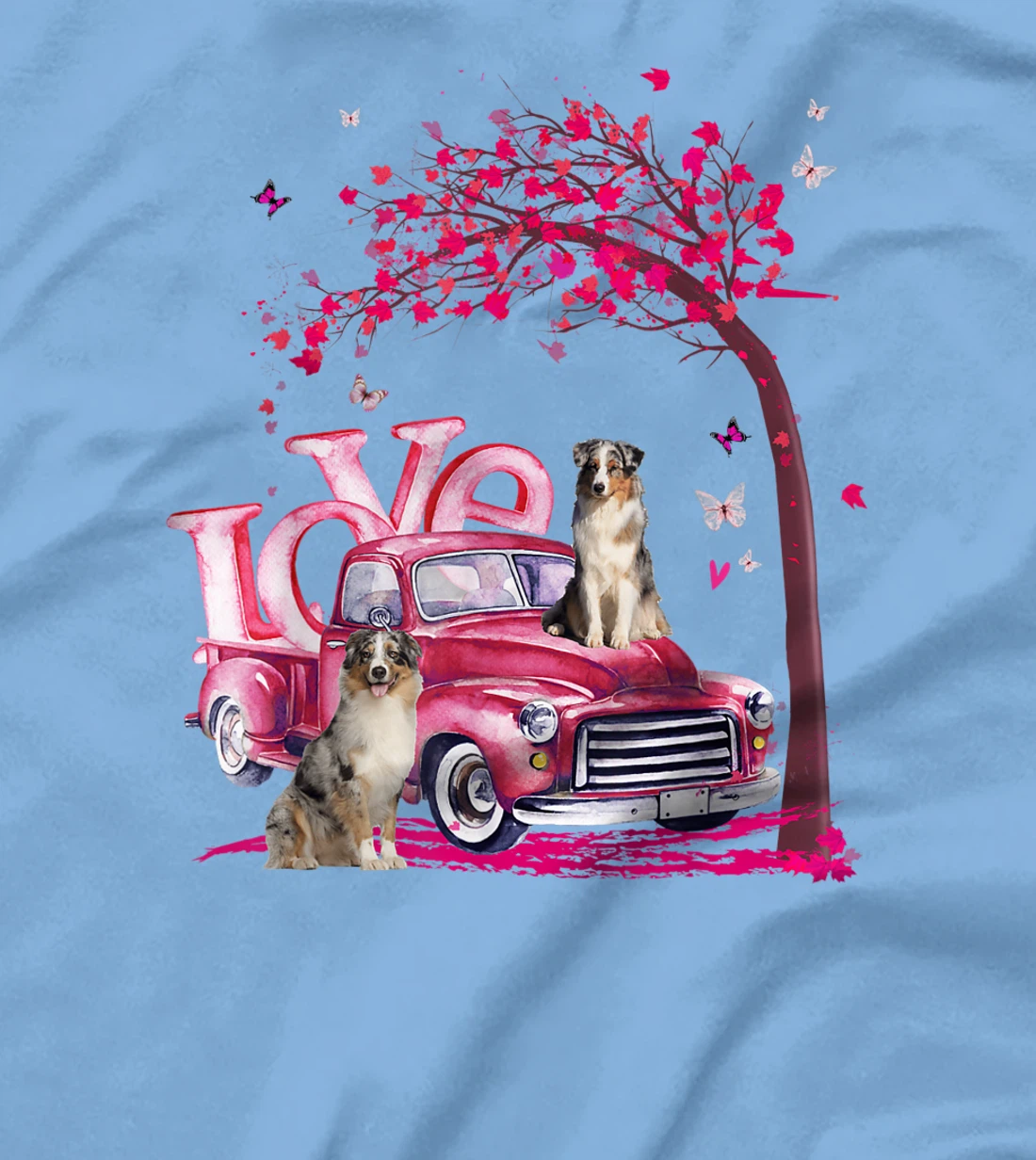 Womens Valentines Day LOVE Pickup Truck Australian Shepherd T-Shirt, Kid T-Shirt and Women T-Shirt