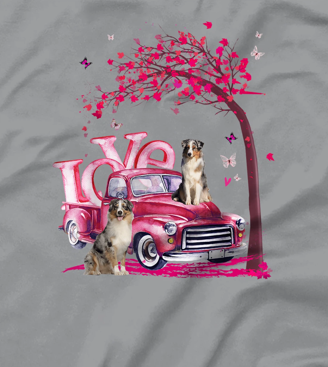 Womens Valentines Day LOVE Pickup Truck Australian Shepherd T-Shirt, Kid T-Shirt and Women T-Shirt