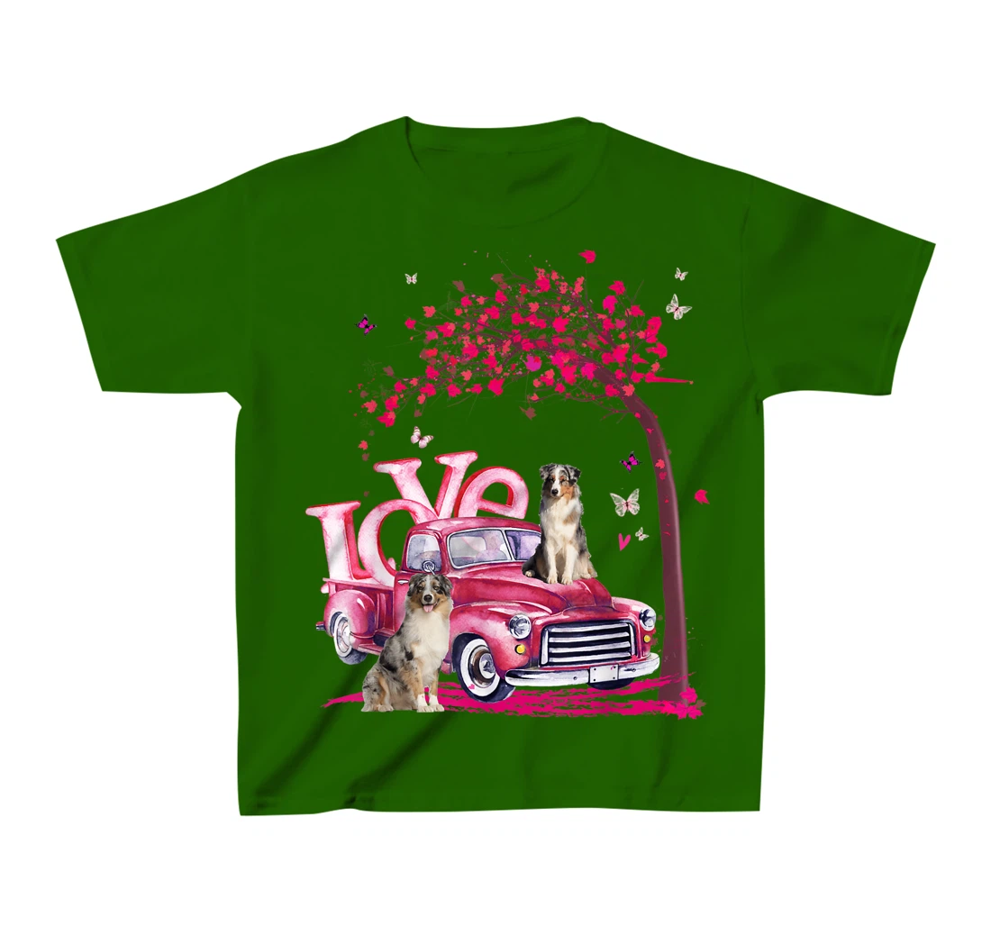 Womens Valentines Day LOVE Pickup Truck Australian Shepherd T-Shirt, Kid T-Shirt and Women T-Shirt