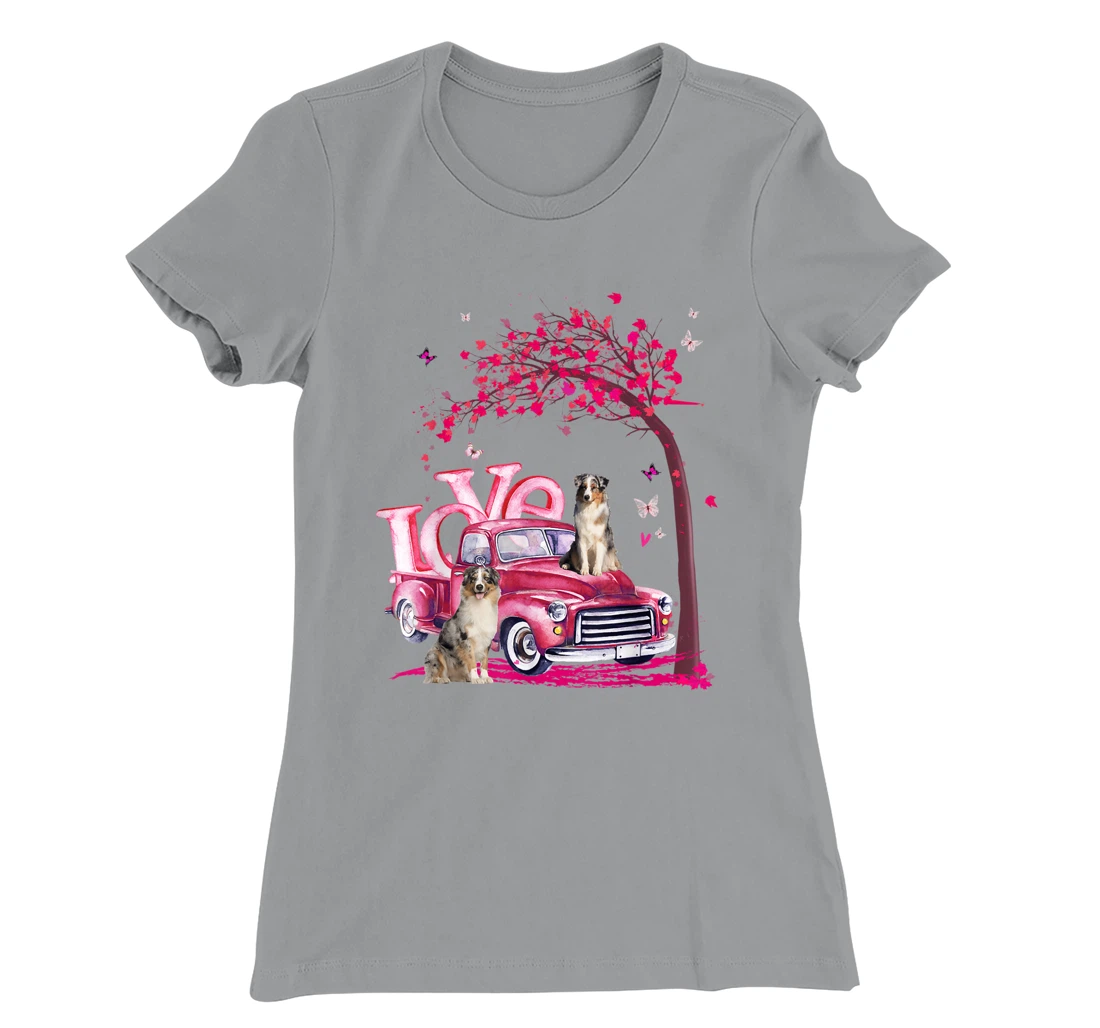 Womens Valentines Day LOVE Pickup Truck Australian Shepherd T-Shirt, Kid T-Shirt and Women T-Shirt