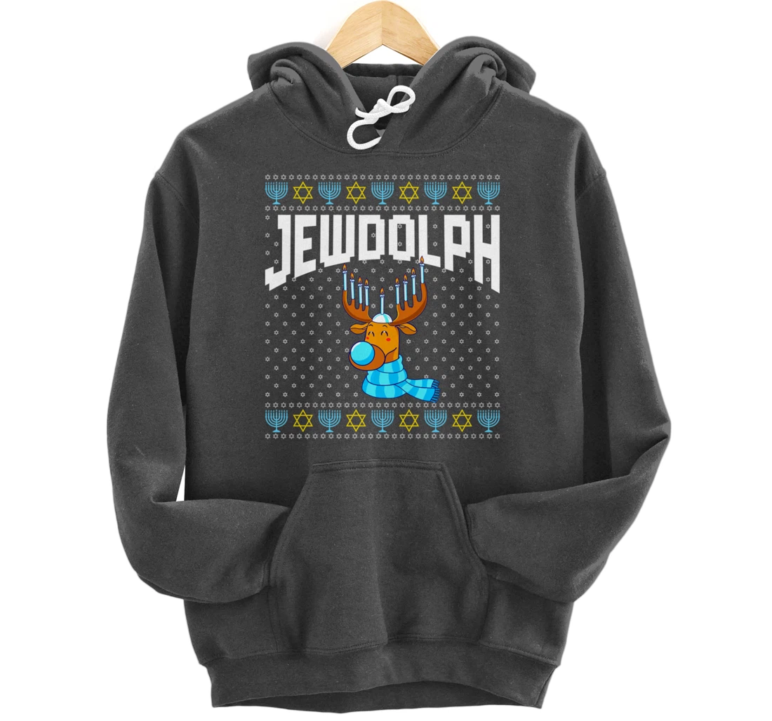 Jewdolph Ugly Hanukkah Hoodie Reindeer Menorah Chanukah Pullover Hoodie