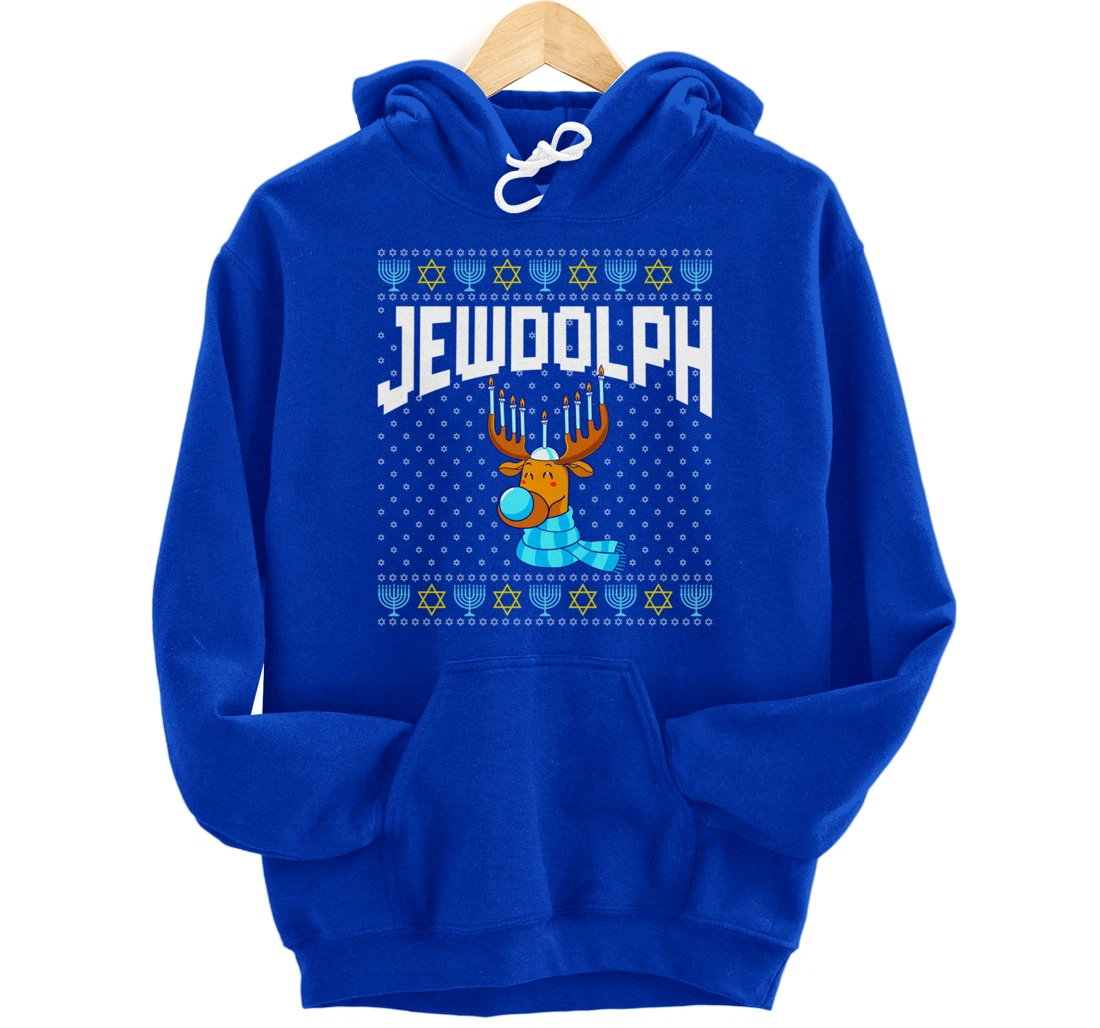 Jewdolph Ugly Hanukkah Hoodie Reindeer Menorah Chanukah Pullover Hoodie