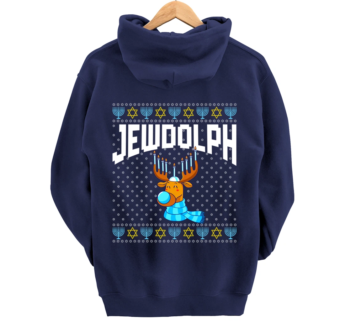 Jewdolph Ugly Hanukkah Hoodie Reindeer Menorah Chanukah Pullover Hoodie