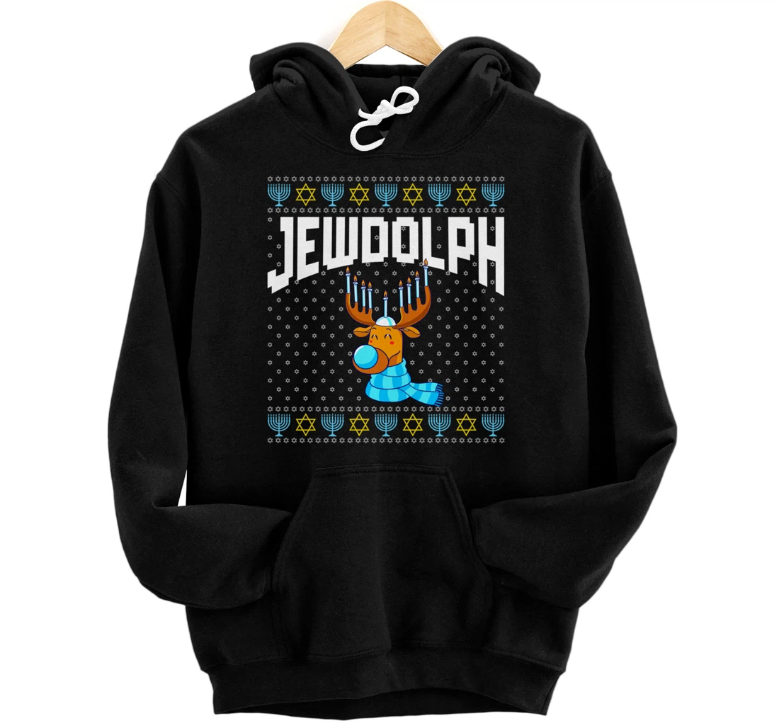 Jewdolph Ugly Hanukkah Hoodie Reindeer Menorah Chanukah Pullover Hoodie
