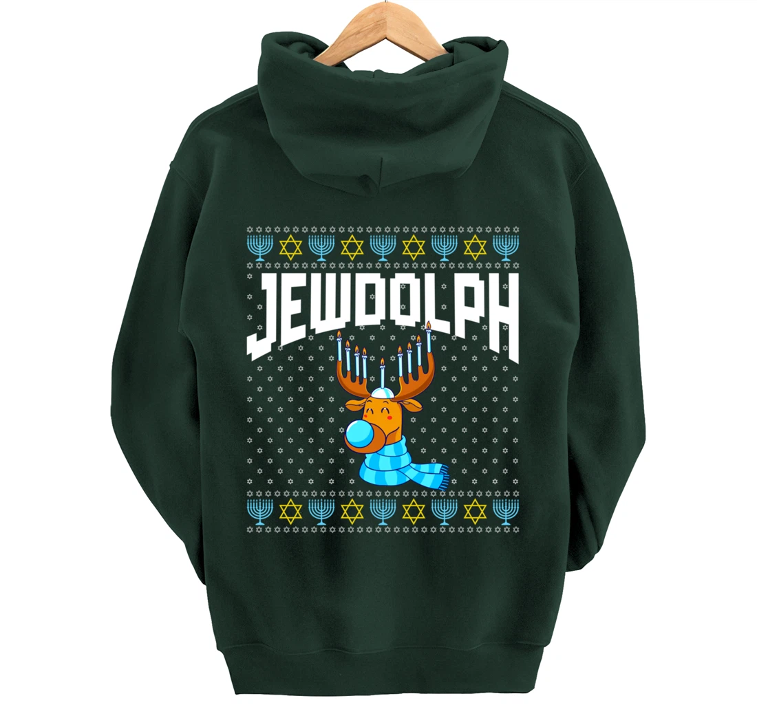 Jewdolph Ugly Hanukkah Hoodie Reindeer Menorah Chanukah Pullover Hoodie