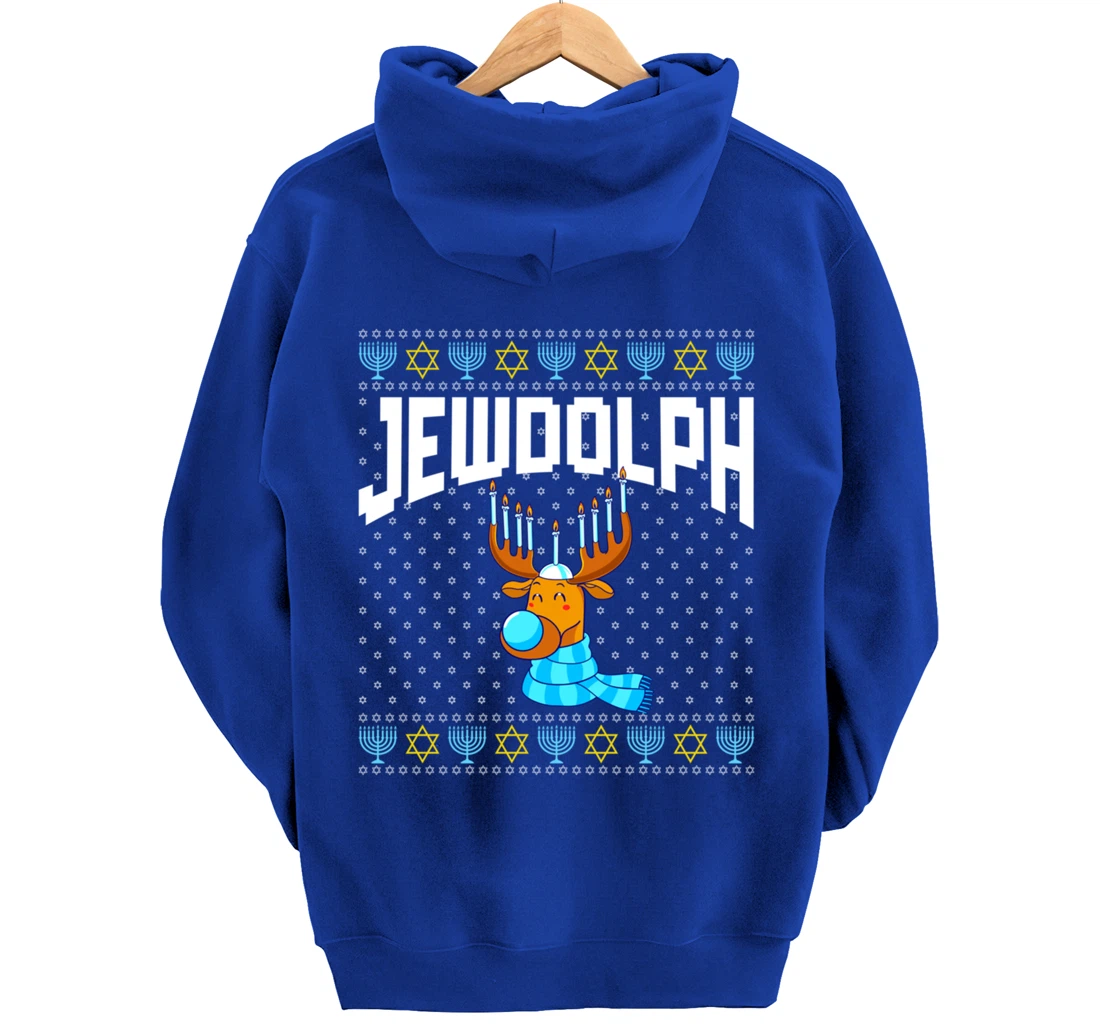 Jewdolph Ugly Hanukkah Hoodie Reindeer Menorah Chanukah Pullover Hoodie