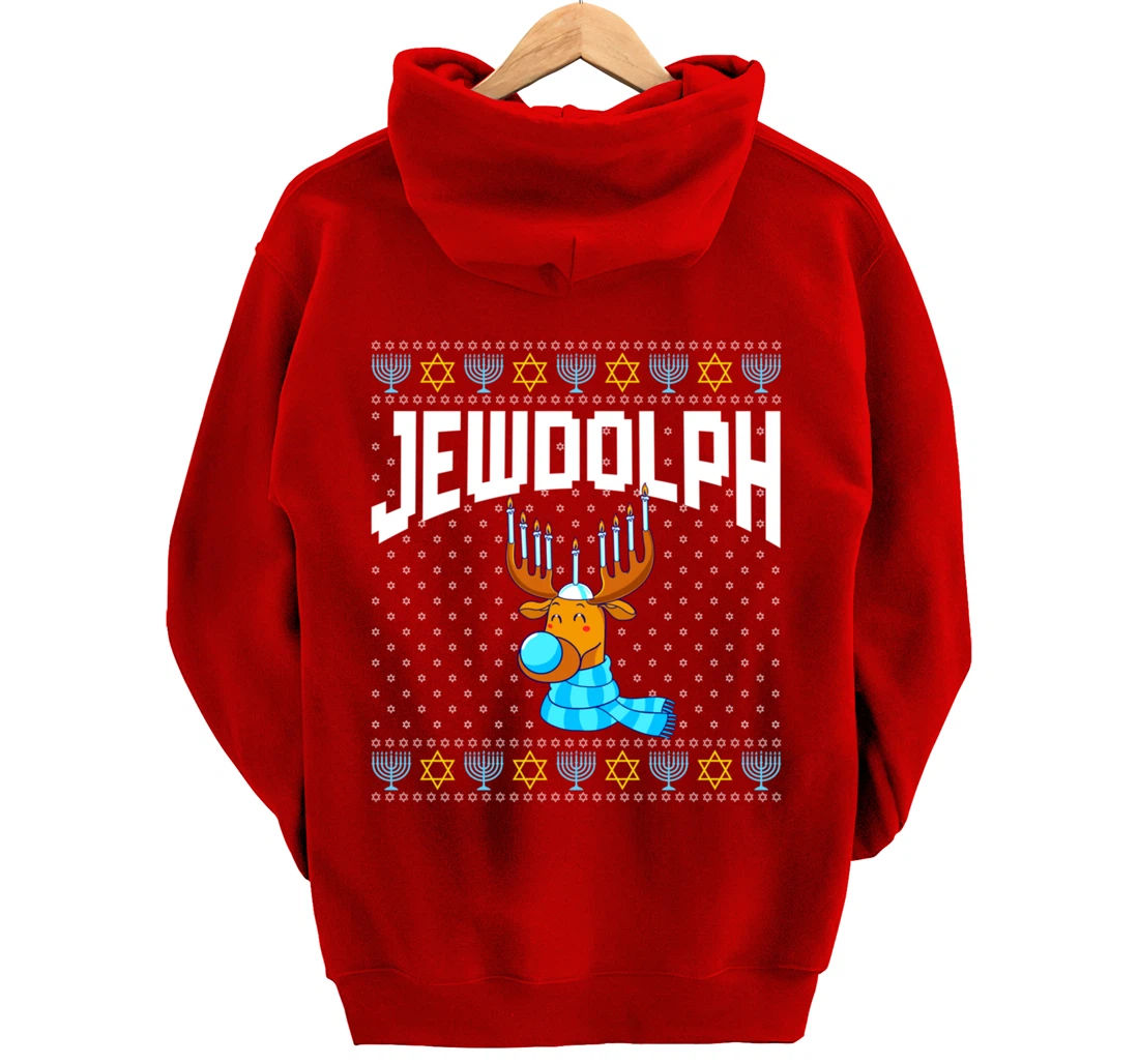 Jewdolph Ugly Hanukkah Hoodie Reindeer Menorah Chanukah Pullover Hoodie
