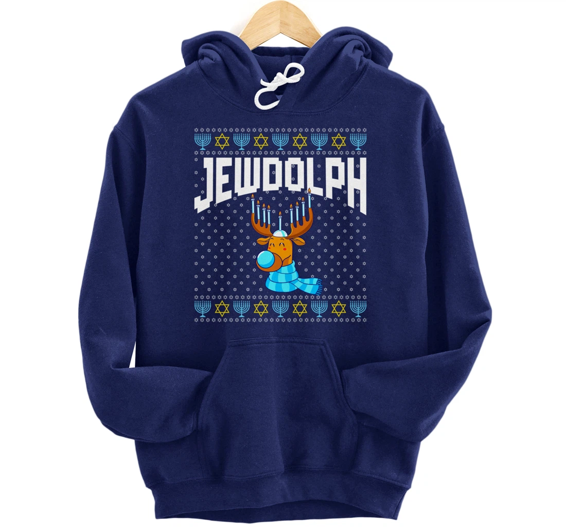 Jewdolph Ugly Hanukkah Hoodie Reindeer Menorah Chanukah Pullover Hoodie