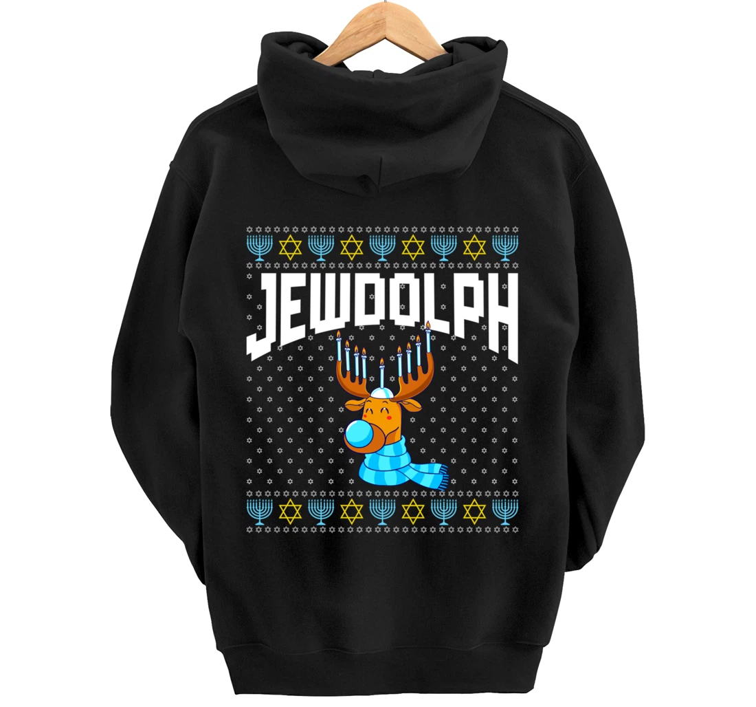 Jewdolph Ugly Hanukkah Hoodie Reindeer Menorah Chanukah Pullover Hoodie