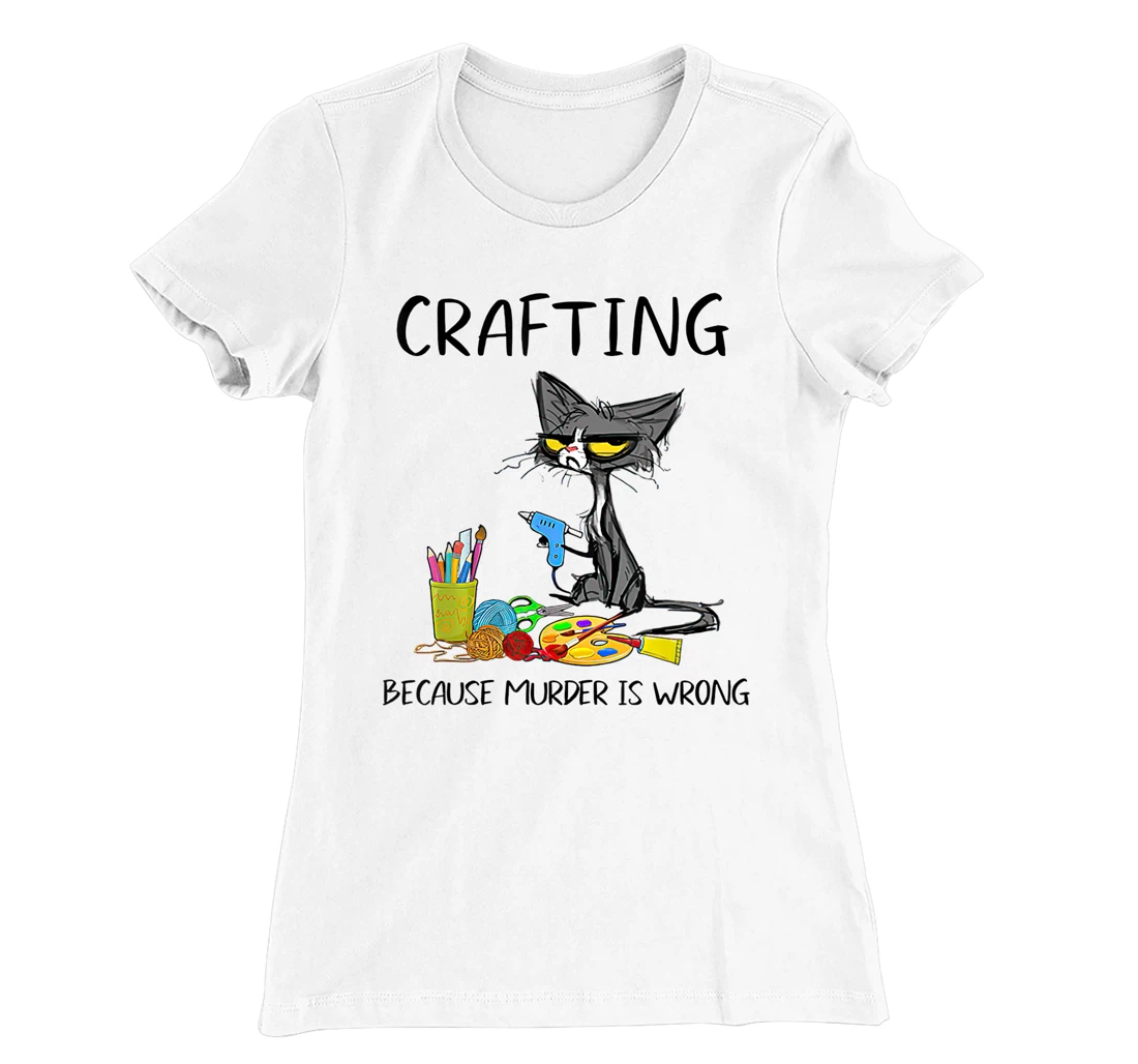 Womens Vintage Crafting Because Murder Is Wrong Black Cat T-Shirt, Women T-Shirt