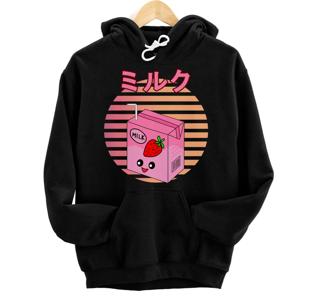 Funny Retro 90s Japanese Kawaii Strawberry Milk Shake Carton Pullover Hoodie