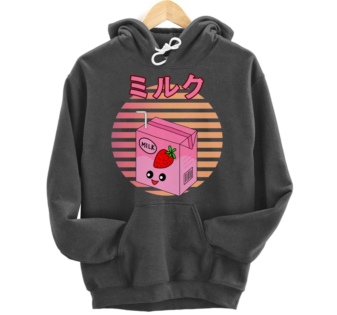 Funny Retro 90s Japanese Kawaii Strawberry Milk Shake Carton Pullover Hoodie