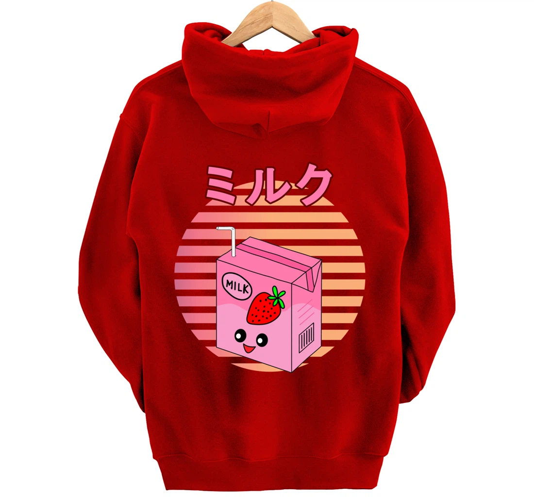 Funny Retro 90s Japanese Kawaii Strawberry Milk Shake Carton Pullover Hoodie