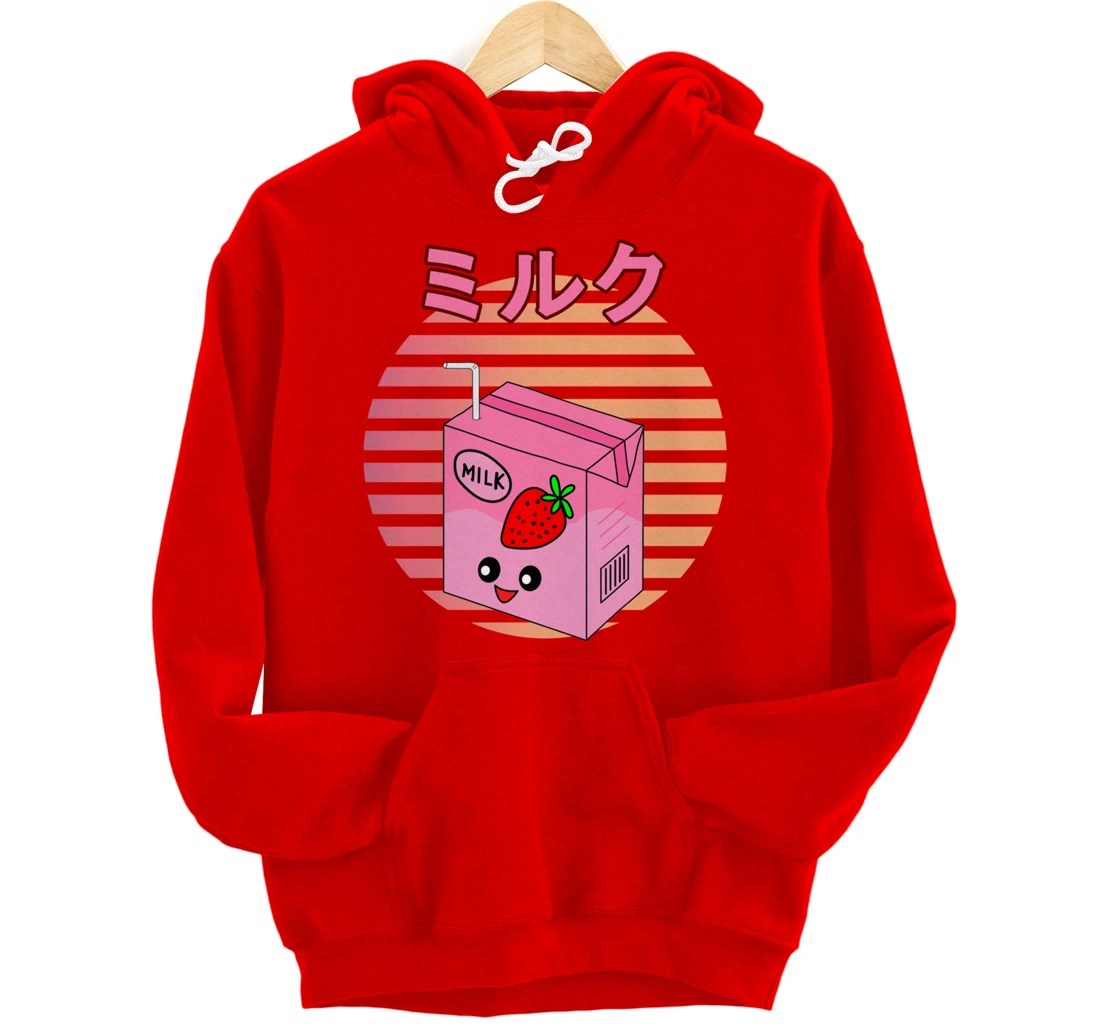 Funny Retro 90s Japanese Kawaii Strawberry Milk Shake Carton Pullover Hoodie