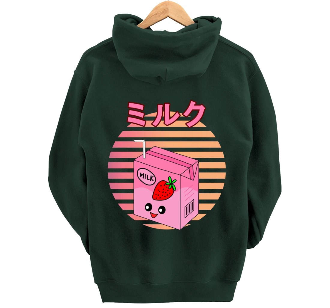 Funny Retro 90s Japanese Kawaii Strawberry Milk Shake Carton Pullover Hoodie