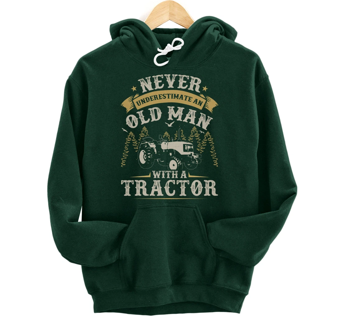 Funny Farming Lover Old Man Tractor Graphic for Men Farmer Pullover Hoodie