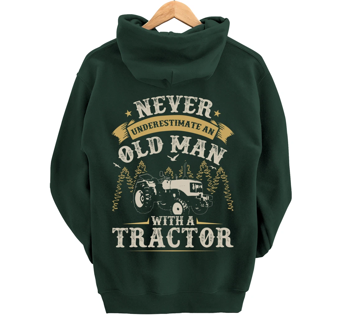 Funny Farming Lover Old Man Tractor Graphic for Men Farmer Pullover Hoodie