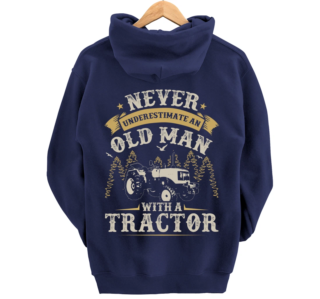 Funny Farming Lover Old Man Tractor Graphic for Men Farmer Pullover Hoodie