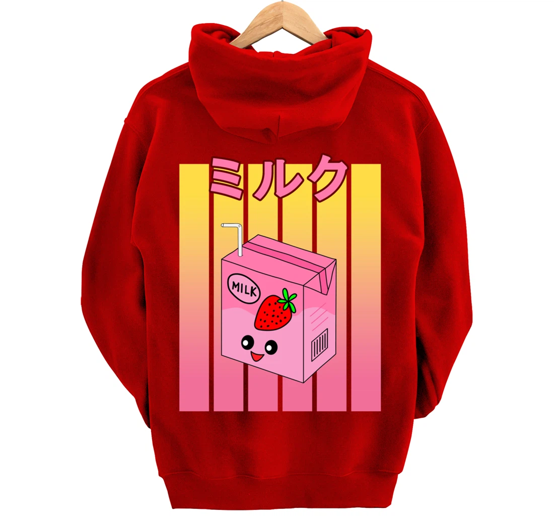 Cute Retro 90s Japanese Kawaii Strawberry Milk Shake Carton Pullover Hoodie