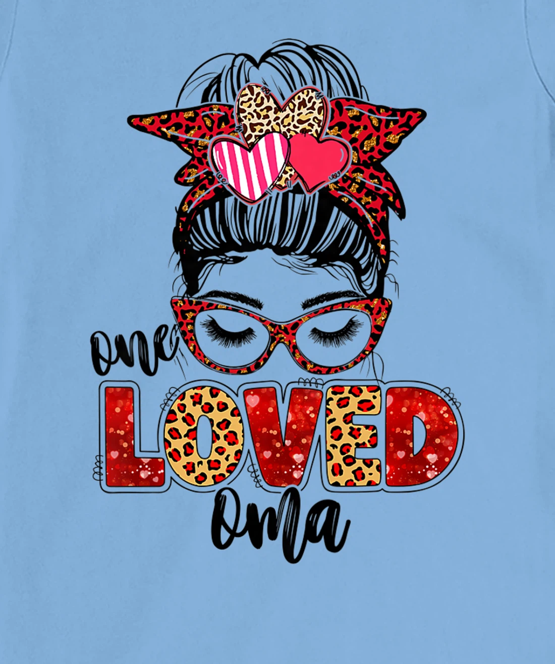 Womens One Loved Oma Leopard Messy Bun Valentine's Day T-Shirt, Kid T-Shirt and Women T-Shirt