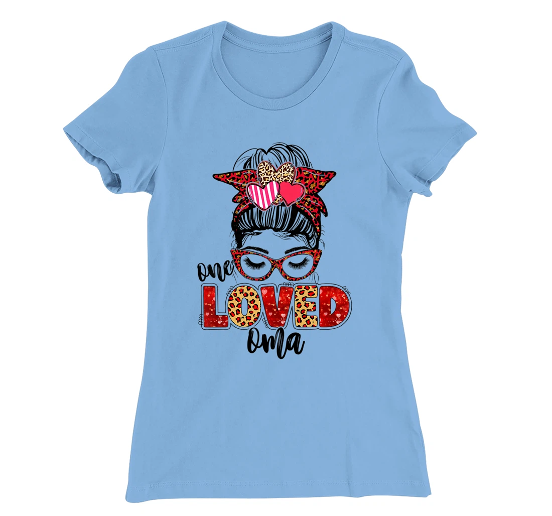 Womens One Loved Oma Leopard Messy Bun Valentine's Day T-Shirt, Kid T-Shirt and Women T-Shirt