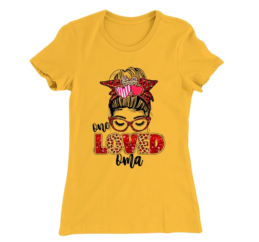 Womens One Loved Oma Leopard Messy Bun Valentine's Day T-Shirt, Kid T-Shirt and Women T-Shirt