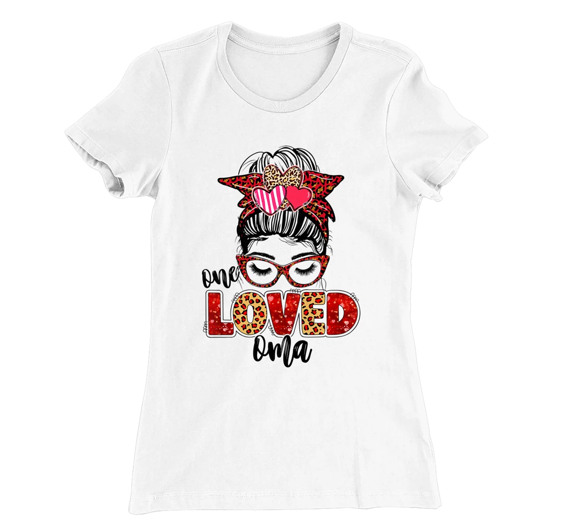 Womens One Loved Oma Leopard Messy Bun Valentine's Day T-Shirt, Kid T-Shirt and Women T-Shirt