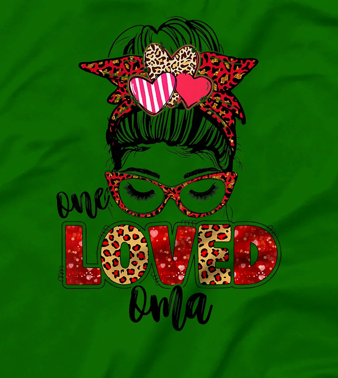 Womens One Loved Oma Leopard Messy Bun Valentine's Day T-Shirt, Kid T-Shirt and Women T-Shirt