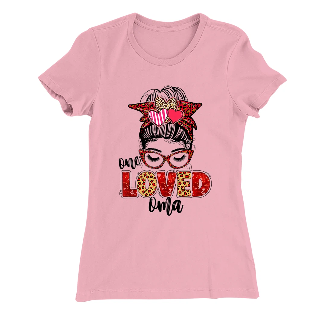 Womens One Loved Oma Leopard Messy Bun Valentine's Day T-Shirt, Kid T-Shirt and Women T-Shirt