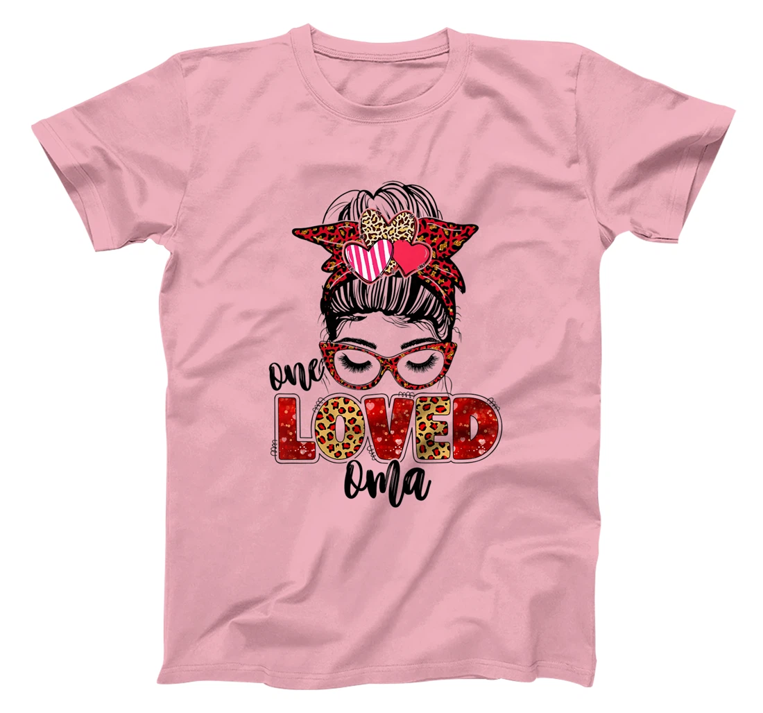Womens One Loved Oma Leopard Messy Bun Valentine's Day T-Shirt, Kid T-Shirt and Women T-Shirt