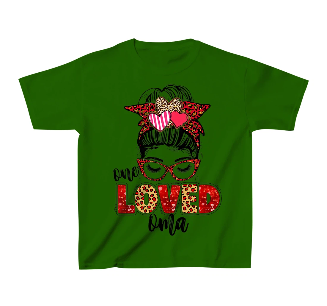 Womens One Loved Oma Leopard Messy Bun Valentine's Day T-Shirt, Kid T-Shirt and Women T-Shirt