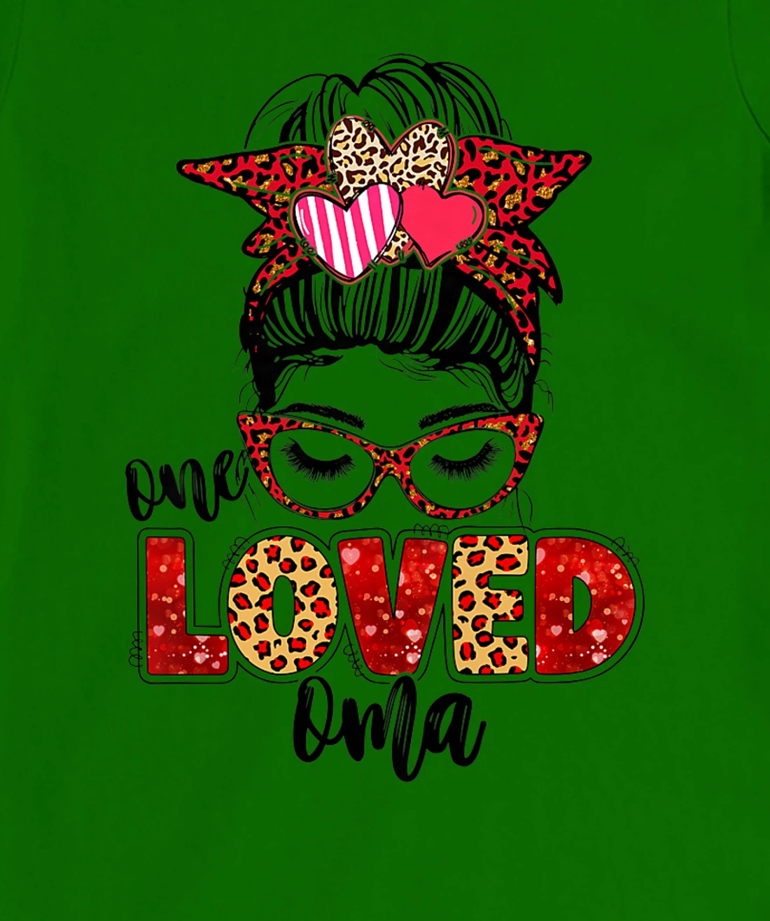 Womens One Loved Oma Leopard Messy Bun Valentine's Day T-Shirt, Kid T-Shirt and Women T-Shirt