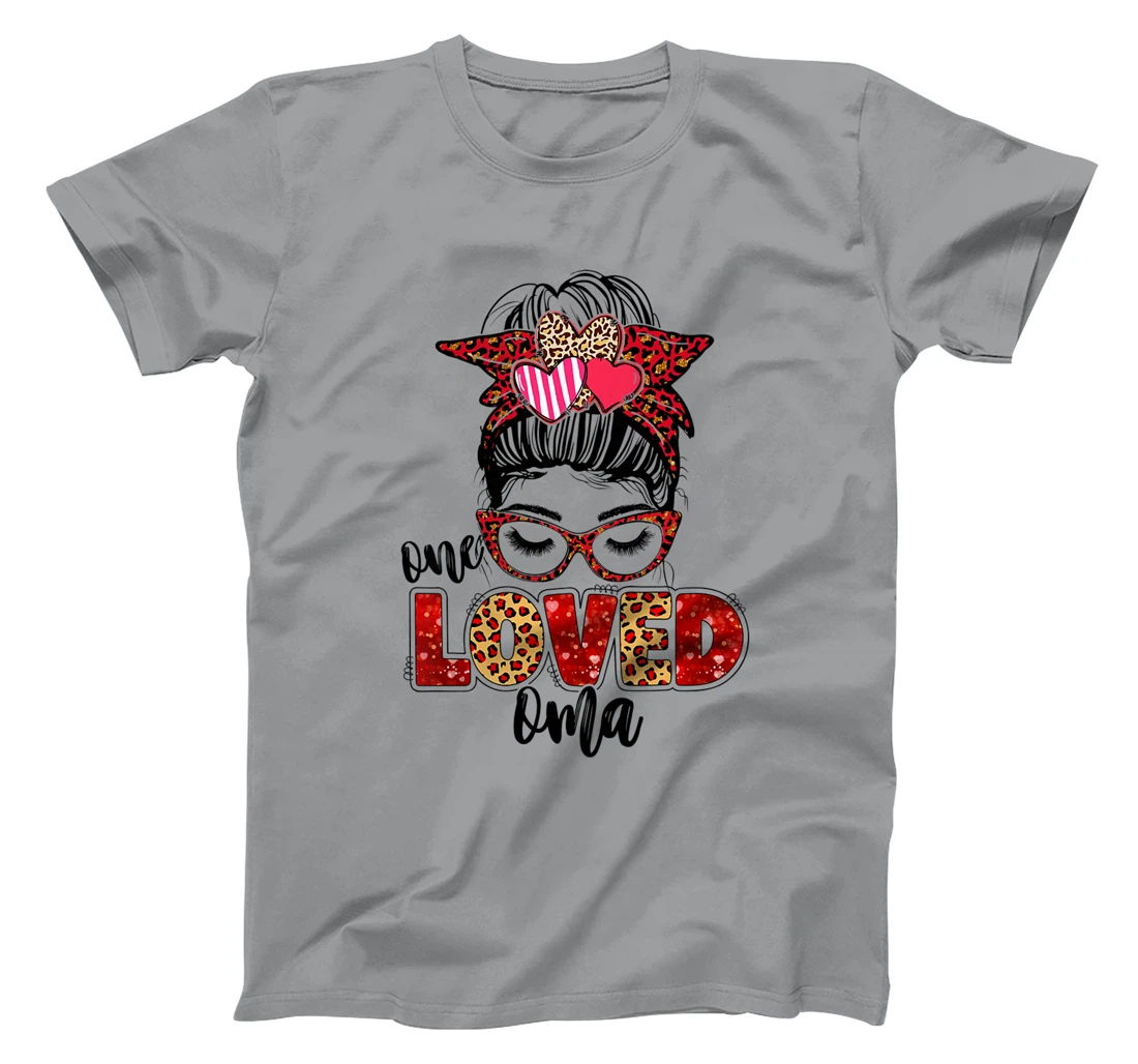 Womens One Loved Oma Leopard Messy Bun Valentine's Day T-Shirt, Kid T-Shirt and Women T-Shirt