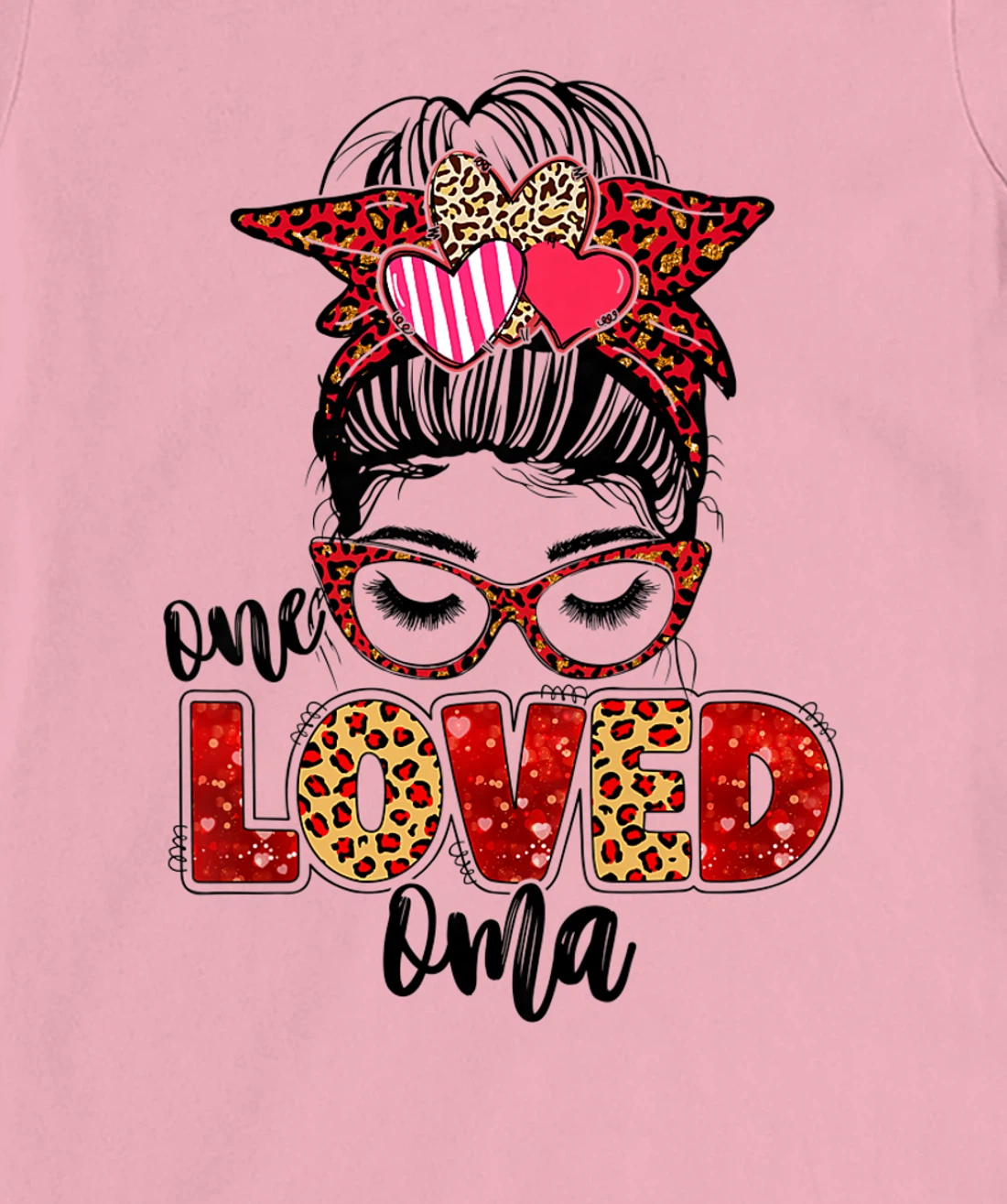 Womens One Loved Oma Leopard Messy Bun Valentine's Day T-Shirt, Kid T-Shirt and Women T-Shirt