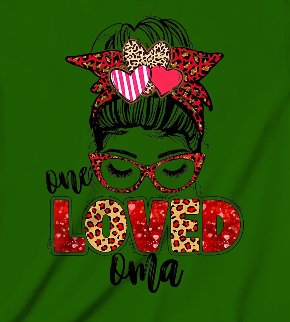 Womens One Loved Oma Leopard Messy Bun Valentine's Day T-Shirt, Kid T-Shirt and Women T-Shirt