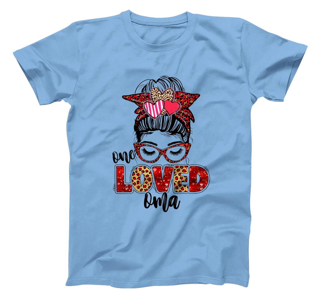 Womens One Loved Oma Leopard Messy Bun Valentine's Day T-Shirt, Kid T-Shirt and Women T-Shirt