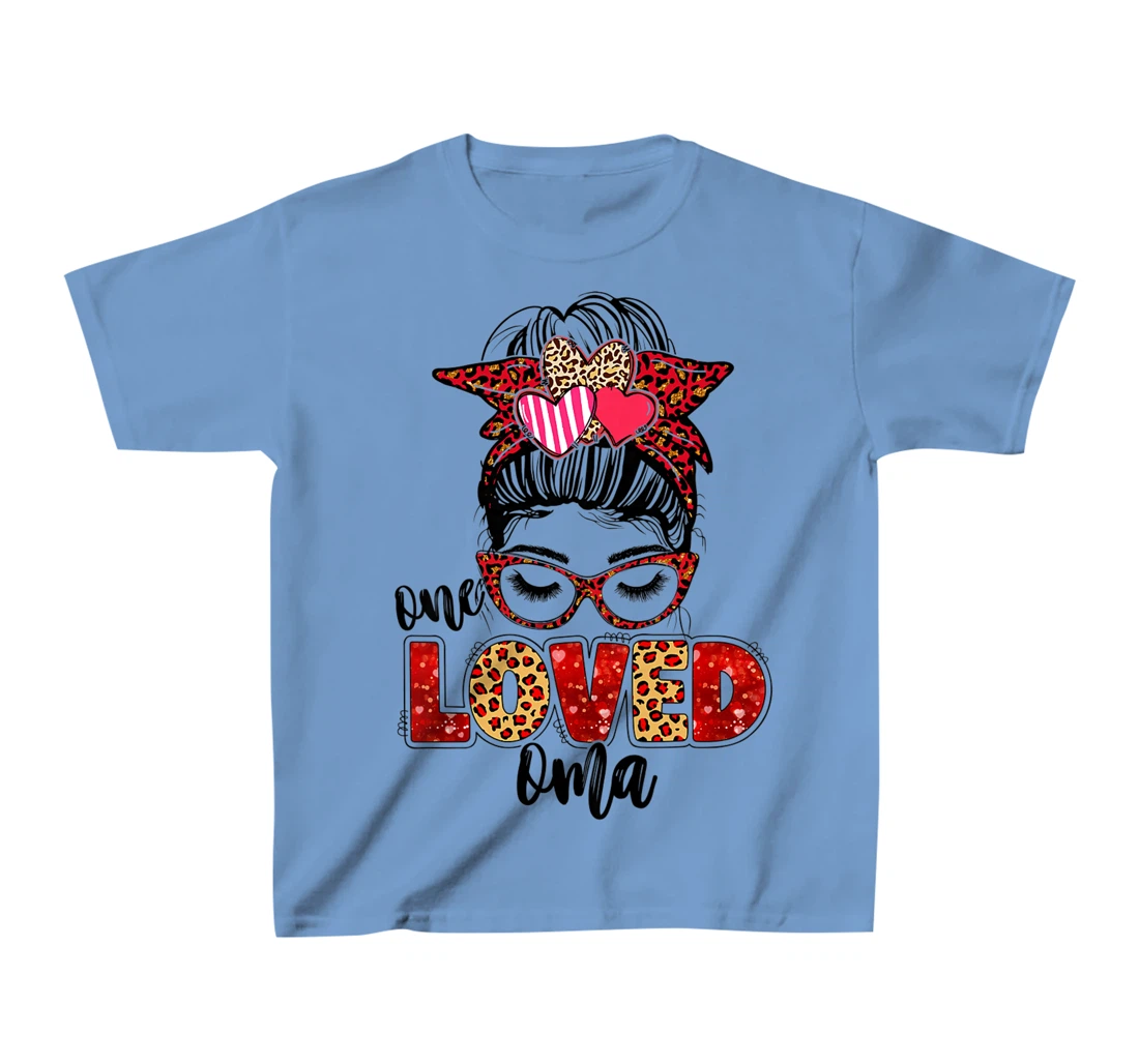 Womens One Loved Oma Leopard Messy Bun Valentine's Day T-Shirt, Kid T-Shirt and Women T-Shirt